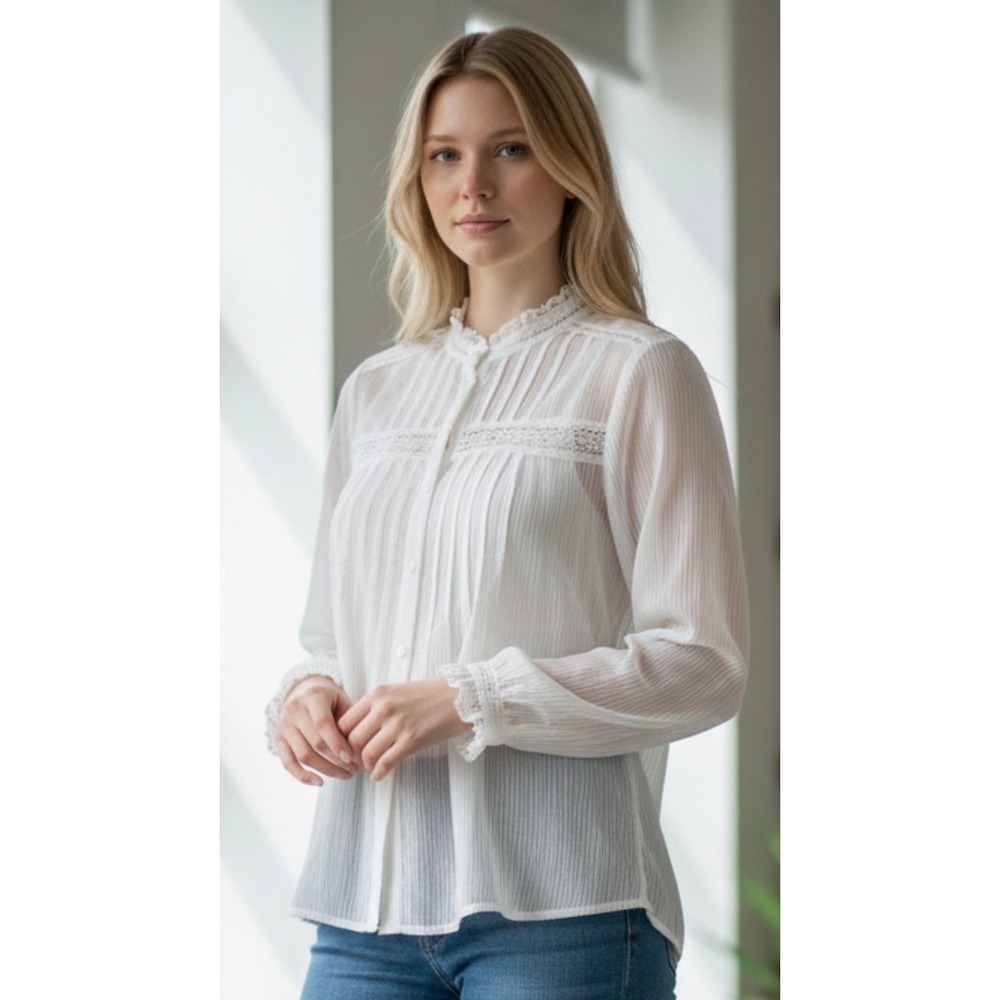 Quince Blouse Womens Size S White Ruffle Mock Neck Pintuck Button Front peasant‎